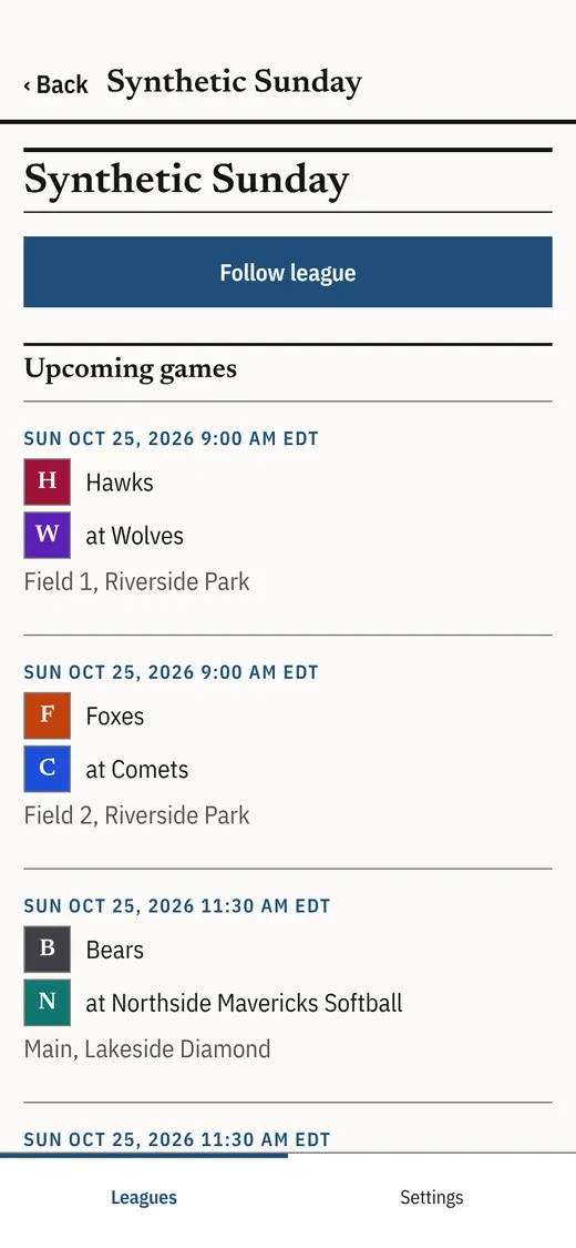A league's upcoming games in the app, in the Box Score look.
