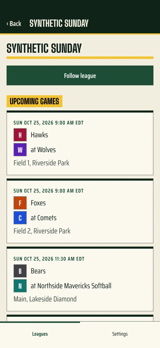 A league's upcoming games in the app, in the Outfield Wall look.