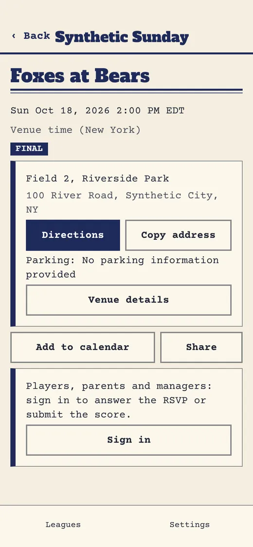A game page in the app, in the Scorebook look, with directions, add to calendar and share.