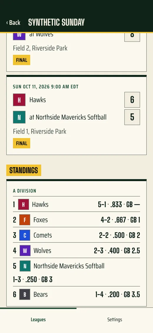 The DiamondHQ phone app showing final scores and division standings.