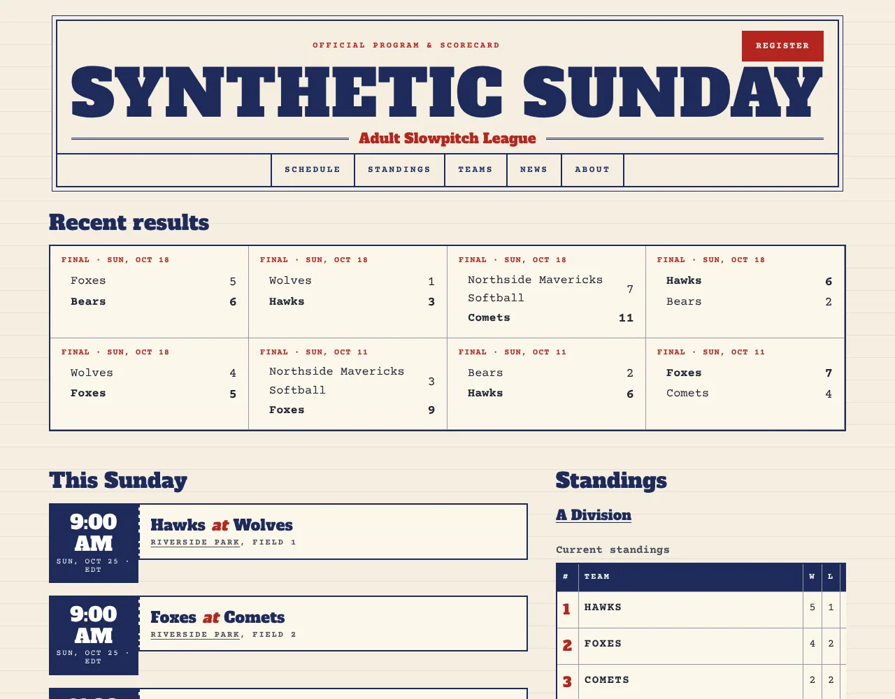 A public league website in the Scorebook look, with recent results, this Sunday's games and standings.